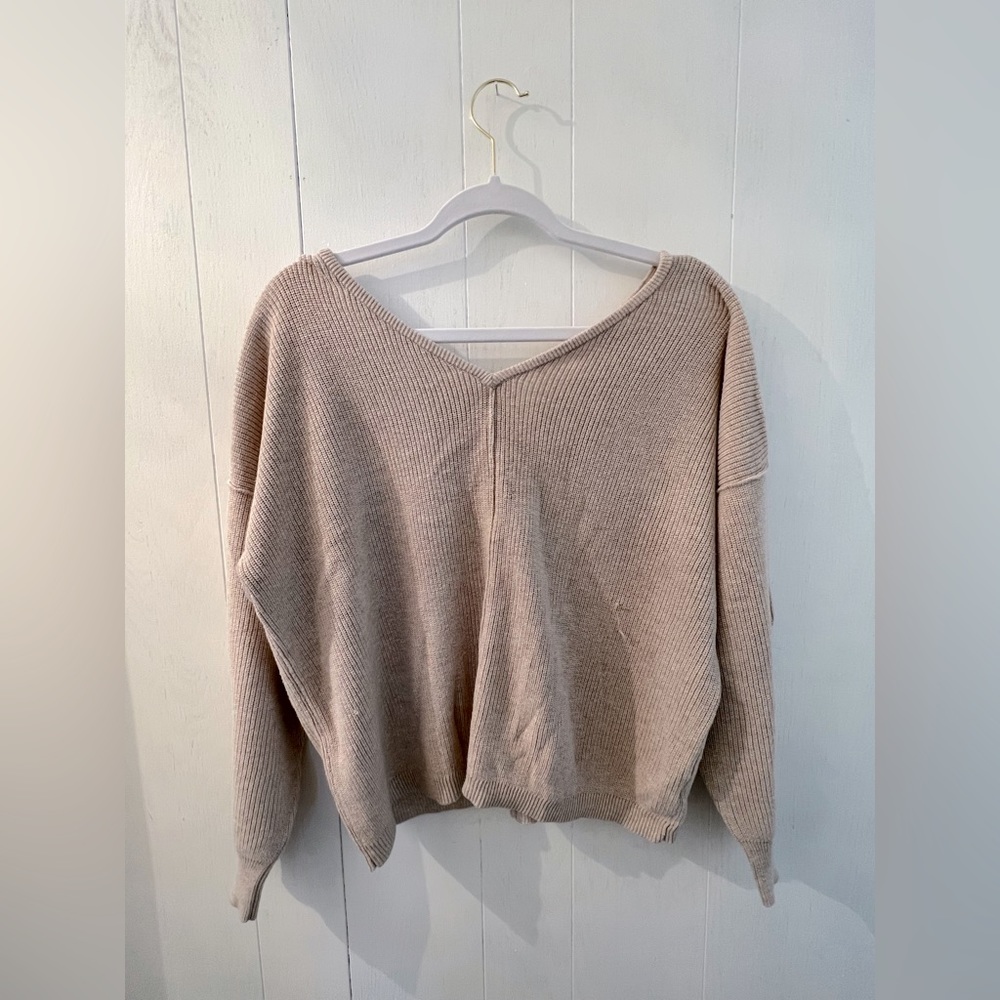 Olive + Oak Beige Button Detail Deep V Sweater